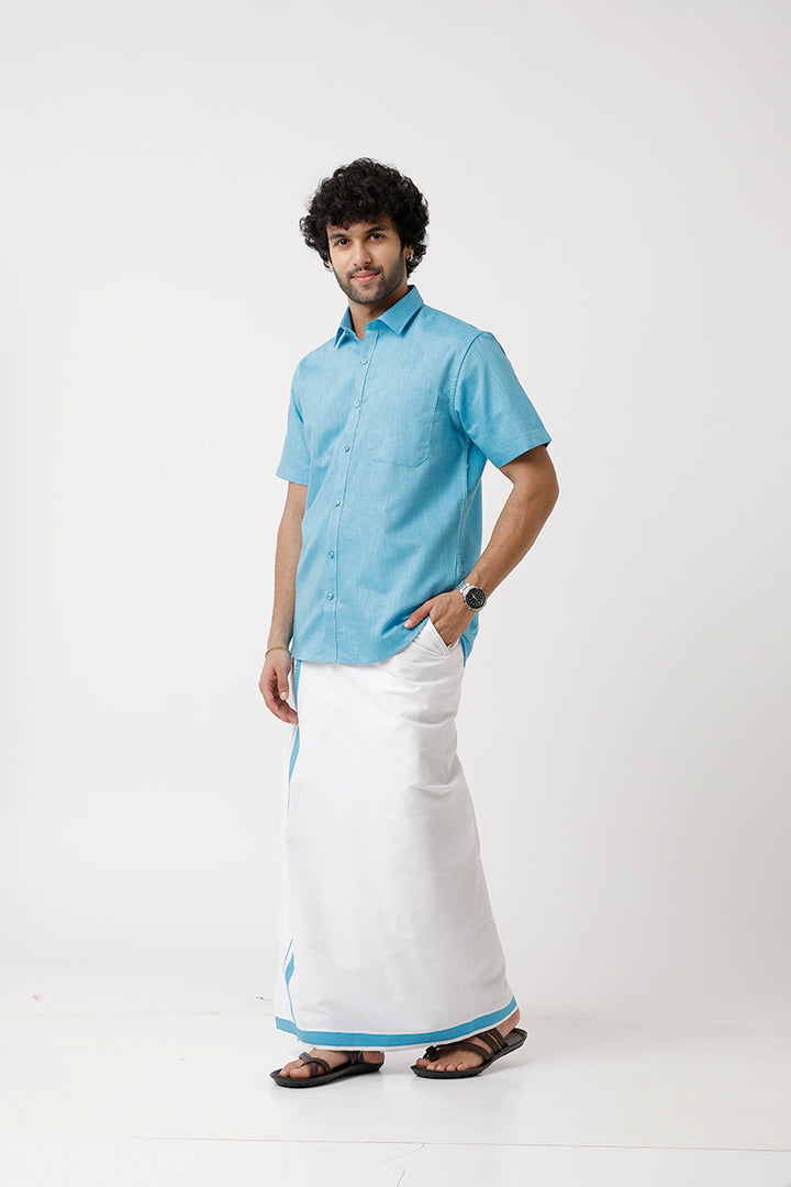 Varna - Light Blue Matching Shirt and Single Dhoti Set For Men | Uathayam