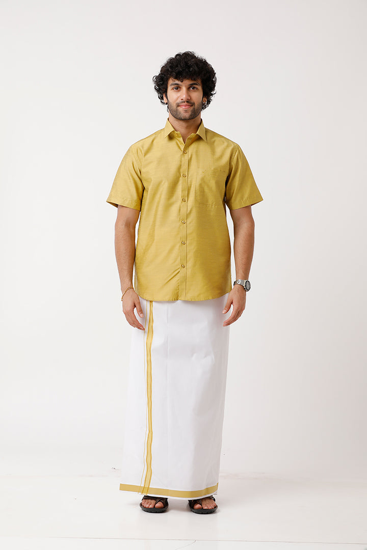 Divine - Yellow Cotton Blend Single Layered Dhoti With Fancy Borders For Men | Uathayam