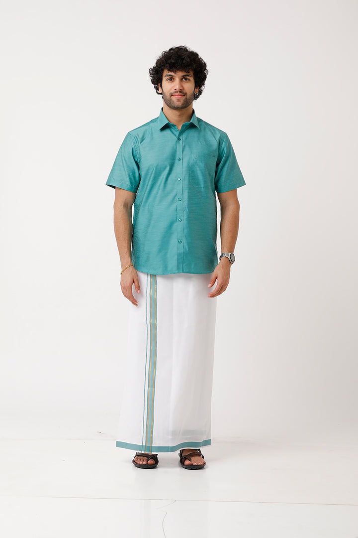 Divine - Light Green Cotton Blend Single Layered Dhoti With Fancy Borders For Men | Uathayam
