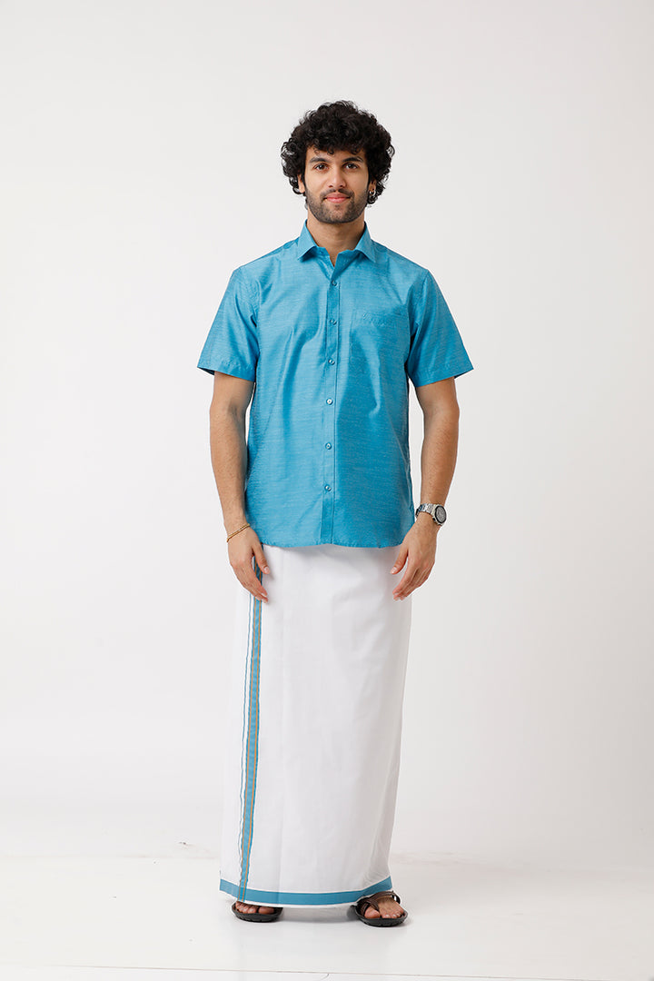 Divine - Sky Blue Cotton Blend Single Layered Dhoti With Fancy Borders For Men | Uathayam