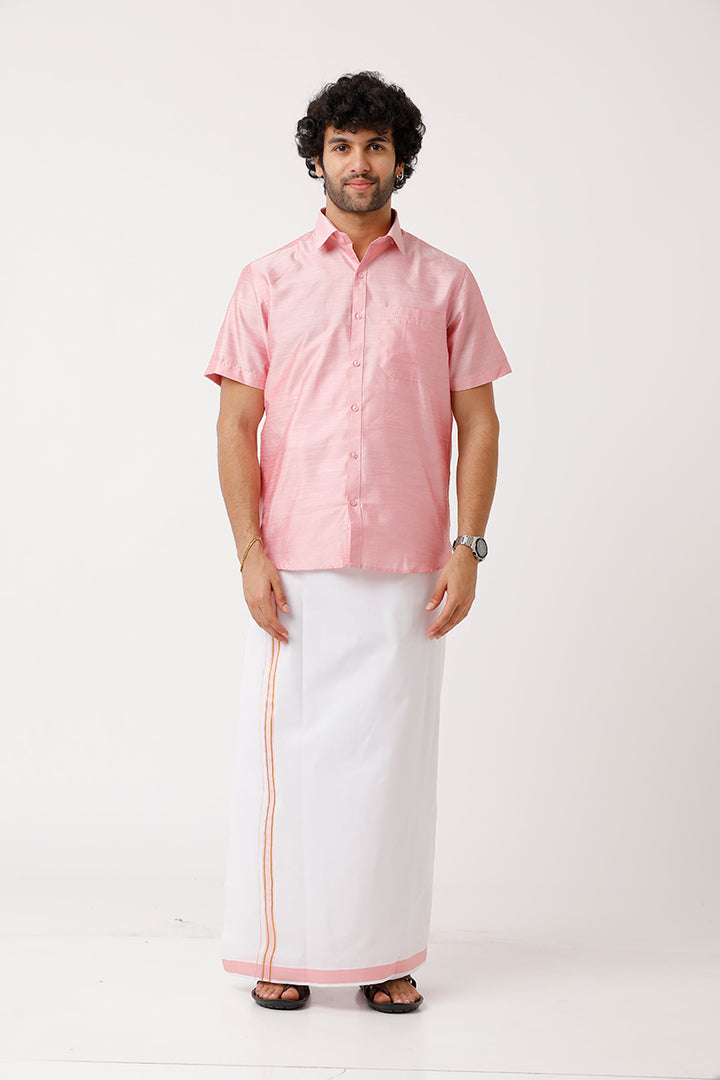 Divine - Pink Cotton Blend Single Layered Dhoti With Fancy Borders For Men | Uathayam