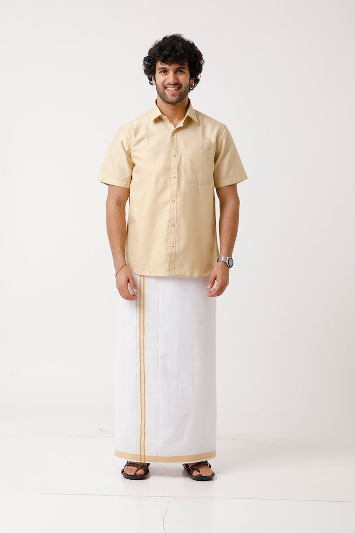 Divine - Flaxen Sandal Cotton Blend Single Layered Dhoti With Fancy Border For Men | Uathayam