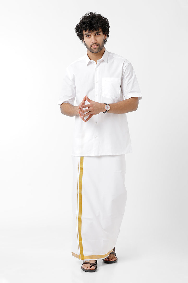Premium - White Shirt And Fancy Gold Jari Double Layered Dhoti Set For Men | Uathayam