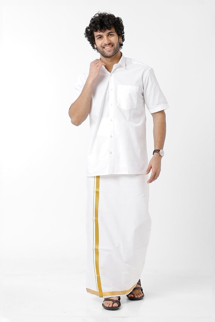 Premium - White Shirt And Fancy Gold Jari Double Layered Dhoti Set For Men | Uathayam