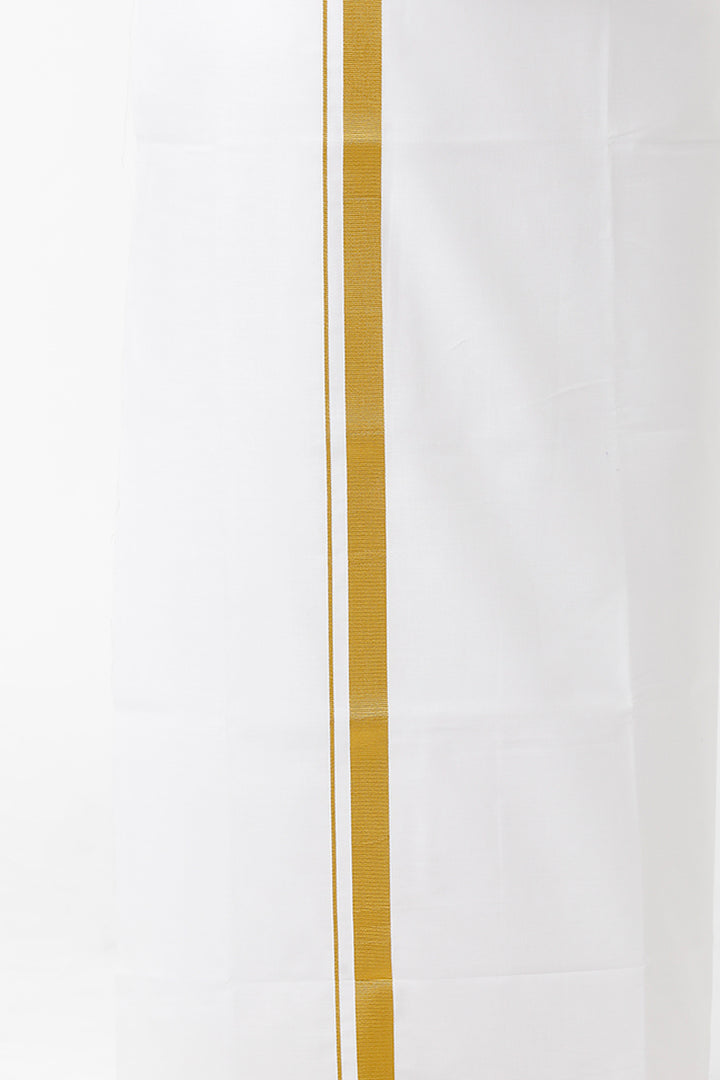Premium - White Shirt And Fancy Gold Jari Double Layered Dhoti Set For Men | Uathayam