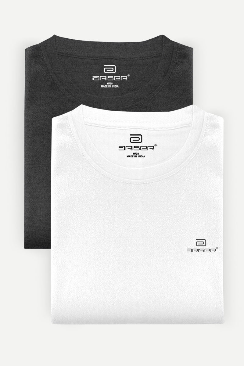 Round Neck Charcoal Melange and White Solid T-Shirt Pack Of