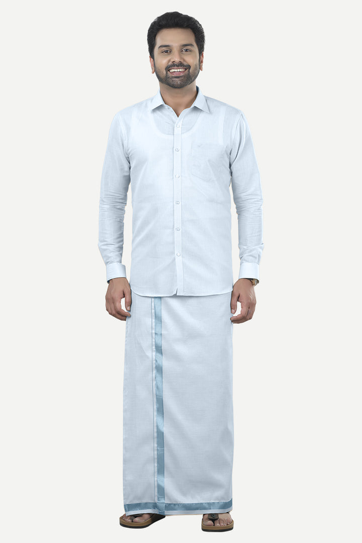 Vaibhav - Cyan Blue Shirt and Jari Single Dhoti Tissue Set 2 In 1 For Men | Uathayam