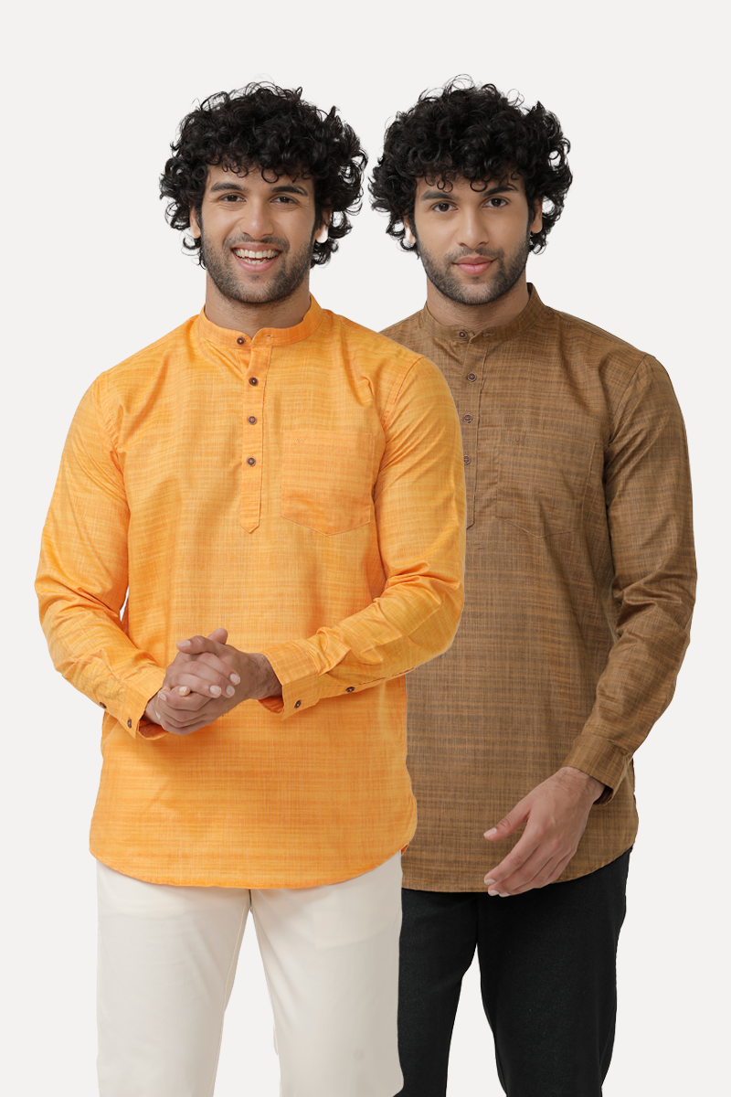 Urban Yellow and Brown Short Kurta Combo For Men Uathayam