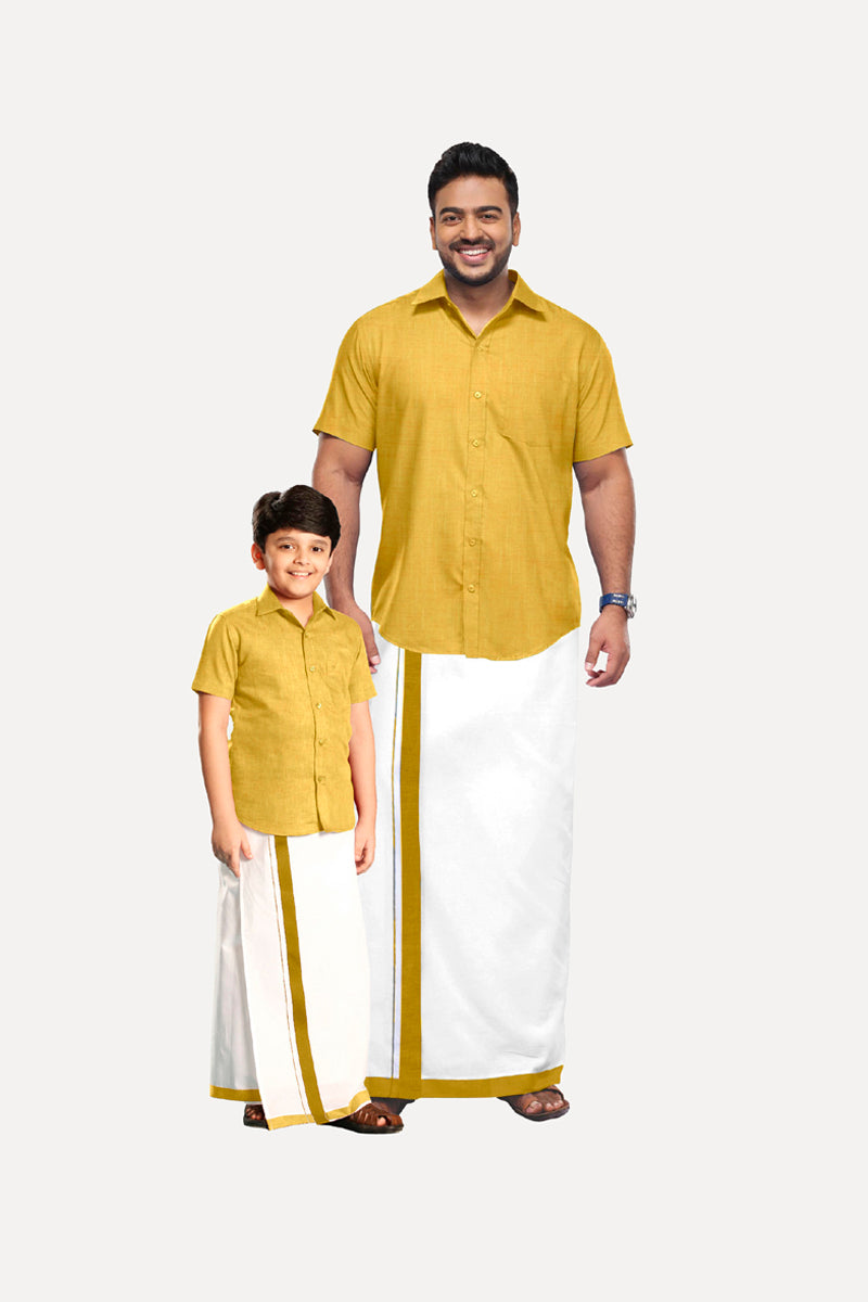 Varna - Mustard Yellow Cotton Rich Blend Father & Son Combo Set | Uathayam