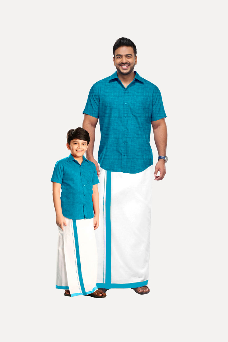 Varna - Blue Cotton Rich Blend Father & Son Combo Set | Uathayam