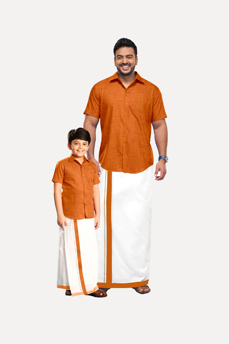 Varna - Peach Orange Cotton Rich Blend Father & Son Combo Set | Uathayam