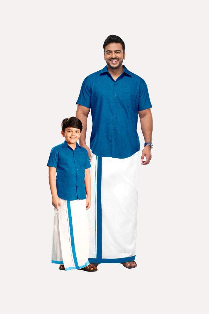 Varna - Sky Blue Cotton Rich Blend Father & Son Combo Set | Uathayam
