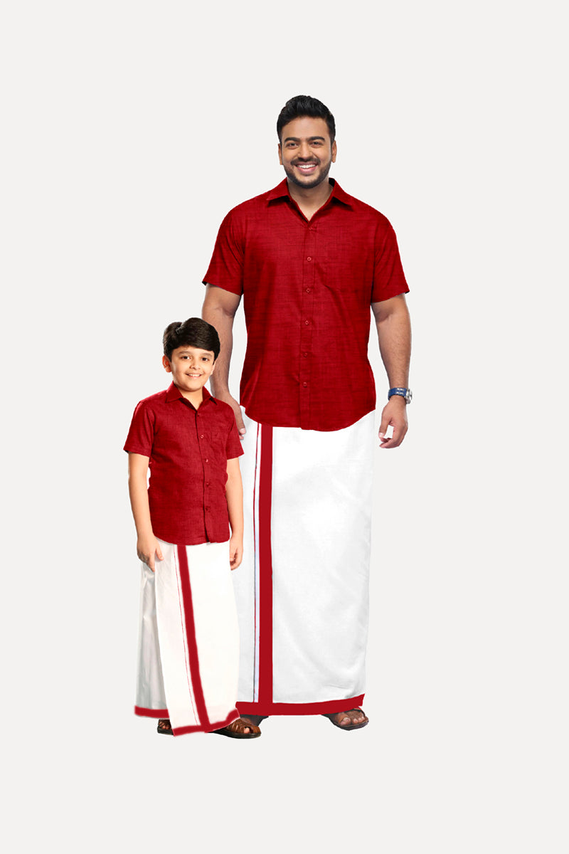 Varna - Bright Red Cotton Rich Blend Father & Son Combo Set | Uathayam