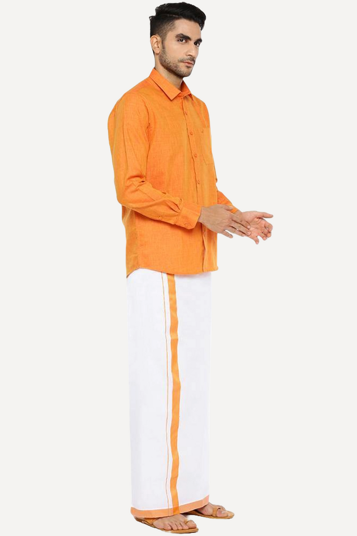 Varna - Orange Matching Shirt and Single Dhoti Set For Men | Uathayam