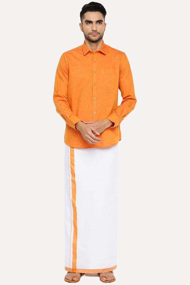 Varna - Orange Matching Shirt and Single Dhoti Set For Men | Uathayam