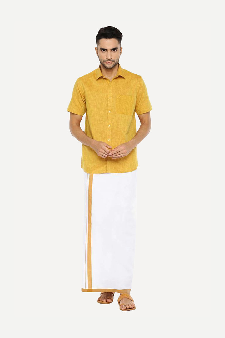 Varna - Golden Rod Matching Shirt and Single Dhoti Set For Men | Uathayam