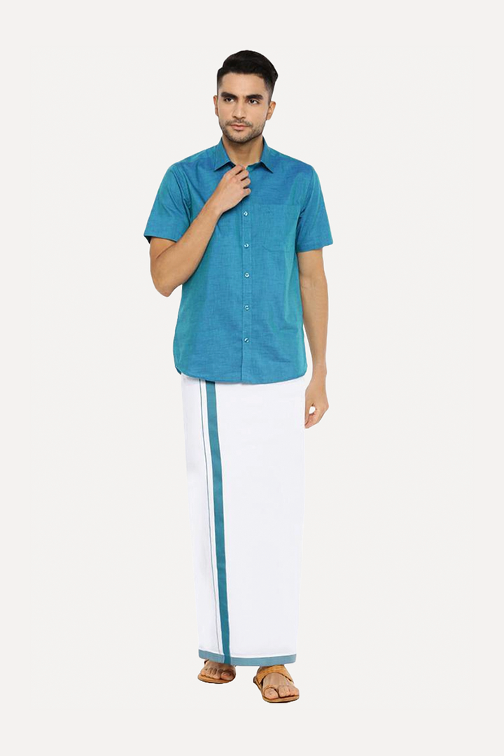 Varna - Ramar Blue Matching Shirt and Single Dhoti Set For Men | Uathayam