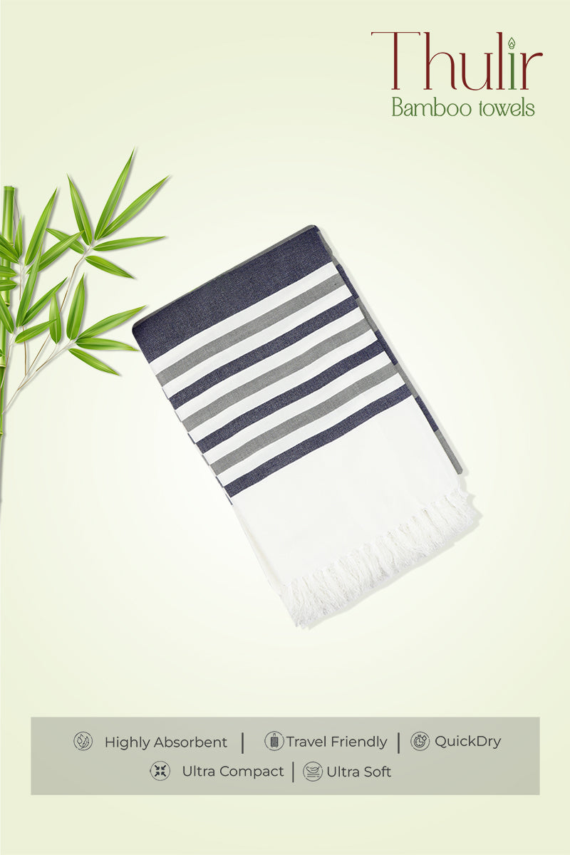 Thulir Bamboo - Navy Blue & Ash Gray Lines Soft and Quick Absorbent Bath Towels (X) | Uathayam