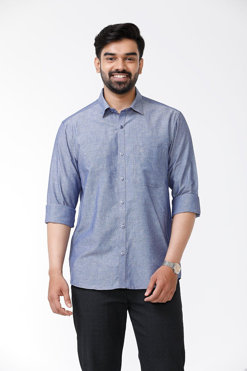 Men's Solid Cotton Linen Full Sleeve Shirts - Charcoal Blue