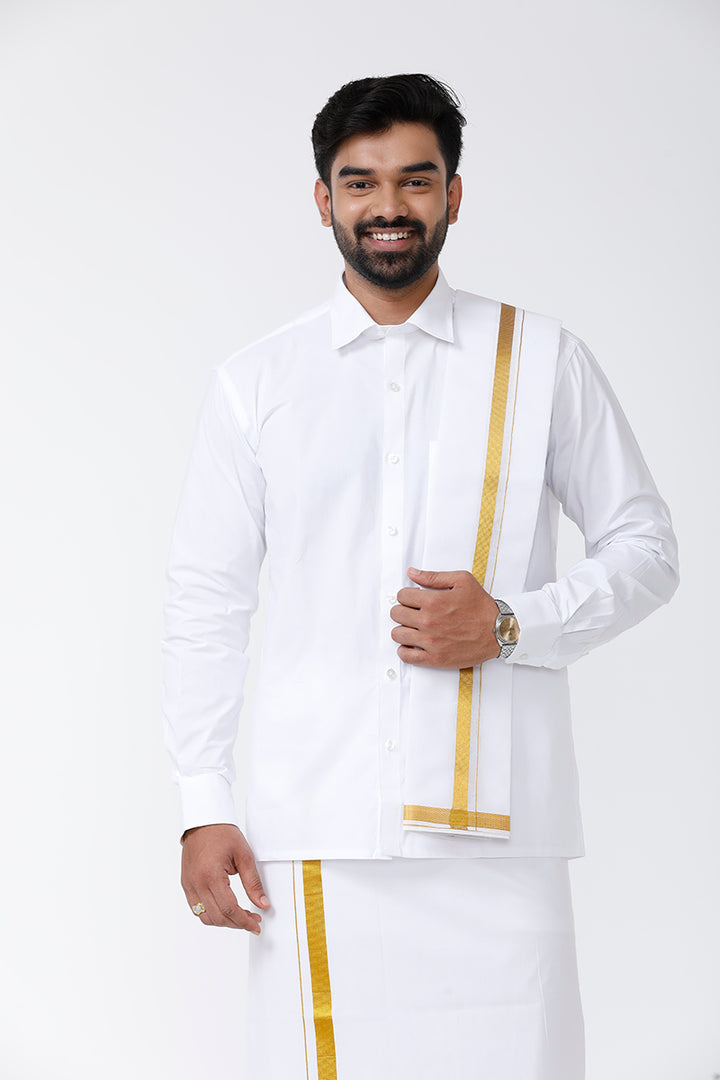 Kalyanam - White Shirt and Jari Double Layered Dhoti With Towel 3in1 Wedding Set For Mens | Uathayam