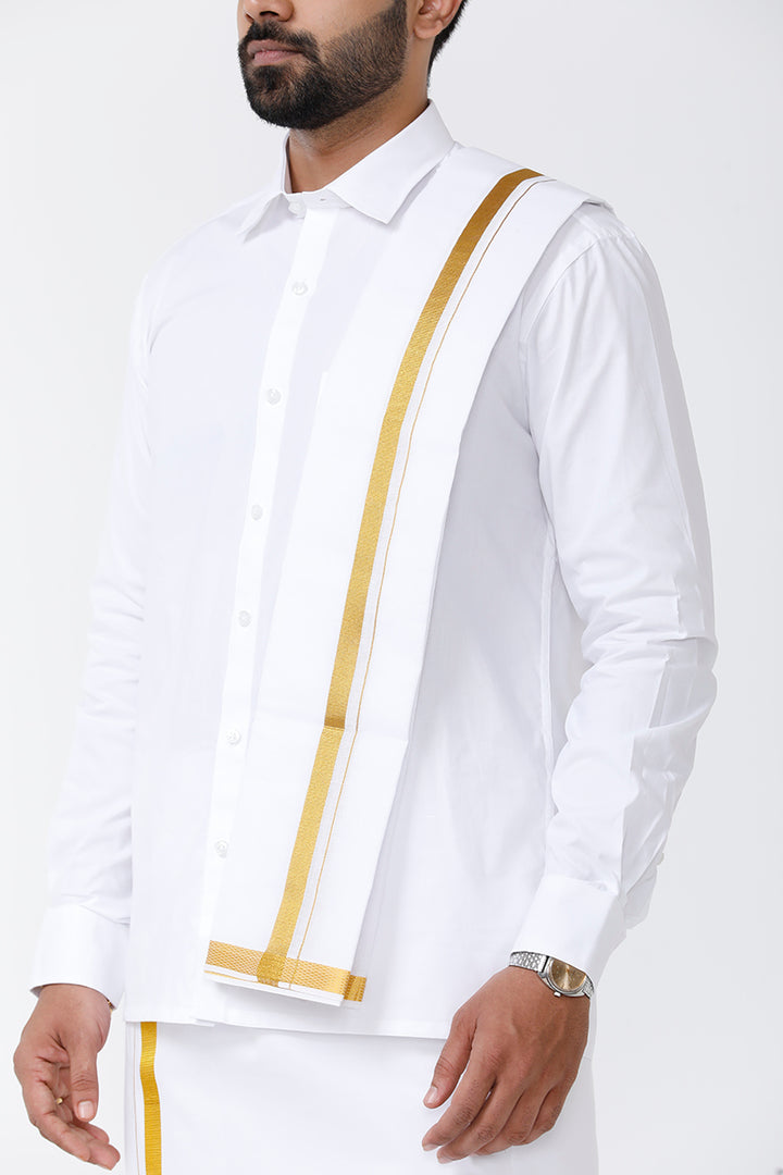 Kalyanam - White Shirt and Jari Double Layered Dhoti With Towel 3in1 Wedding Set For Mens | Uathayam