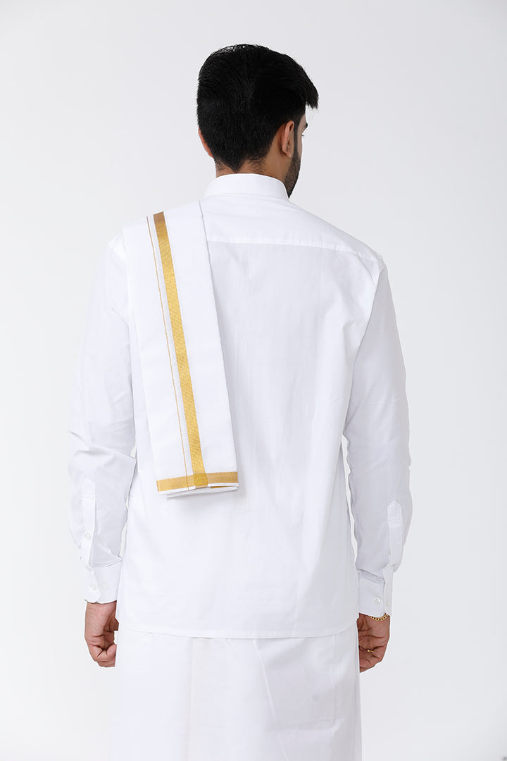 Kalyanam - White Shirt and Jari Double Layered Dhoti With Towel 3in1 Wedding Set For Mens | Uathayam