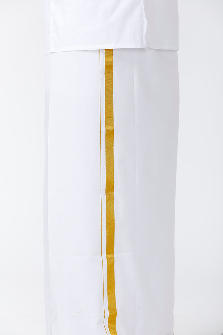Kalyanam - White Shirt and Jari Double Layered Dhoti With Towel 3in1 Wedding Set For Mens | Uathayam