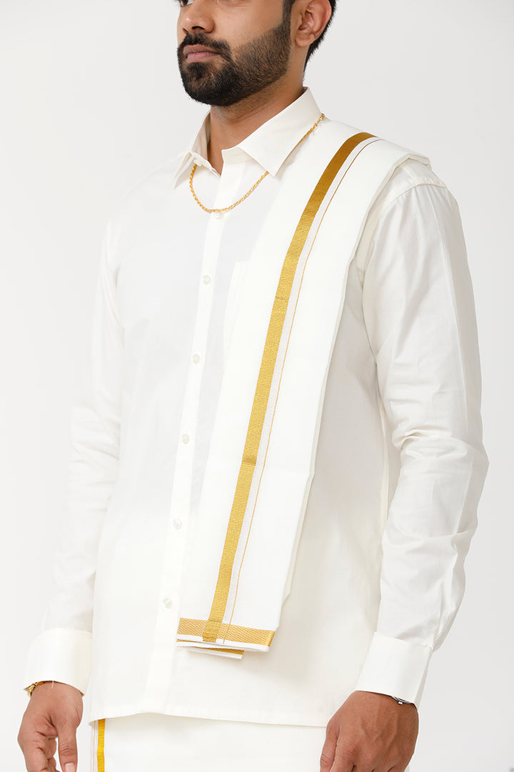 Kalyanam - Cream Shirt and Jari Double Layered Dhoti With Towel 3in1 Wedding Set For Mens | Uathayam