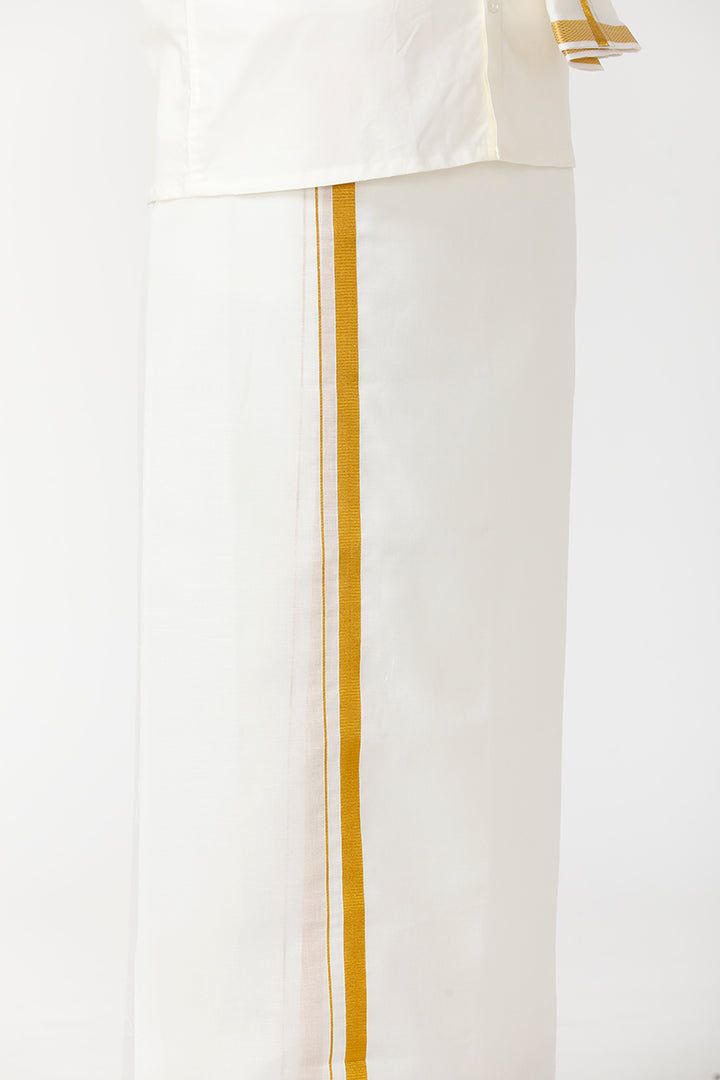 Kalyanam - Cream Shirt and Jari Double Layered Dhoti With Towel 3in1 Wedding Set For Mens | Uathayam