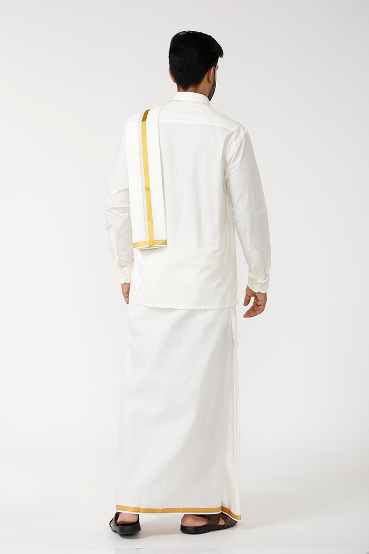 Kalyanam - Cream Shirt and Jari Double Layered Dhoti With Towel 3in1 Wedding Set For Mens | Uathayam