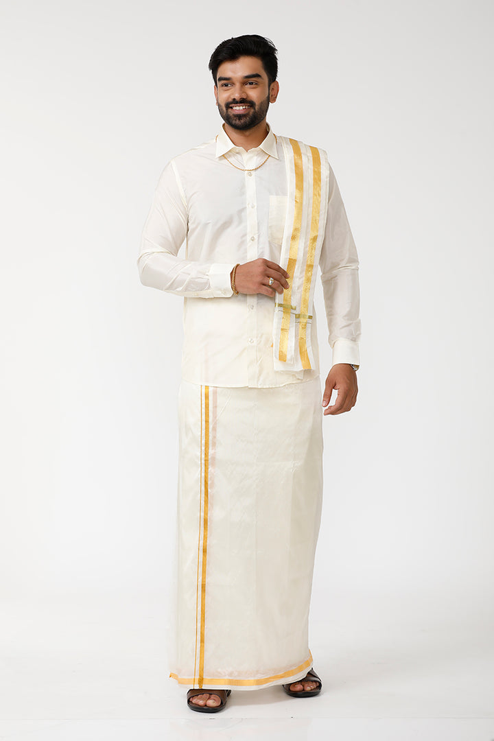 Vriksham - Cream Shirt and Jari Double Layered Dhoti With Towel 3in1 Wedding Set For Mens | Uathayam