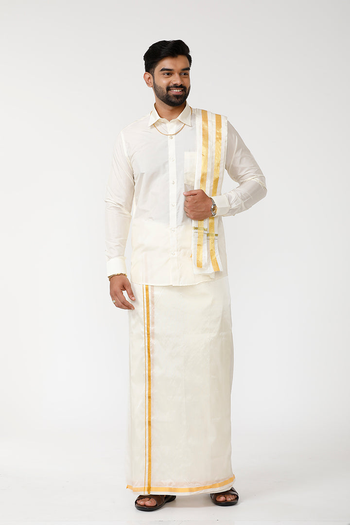 Vriksham - Cream Shirt and Jari Double Layered Dhoti With Towel 3in1 Wedding Set For Mens | Uathayam
