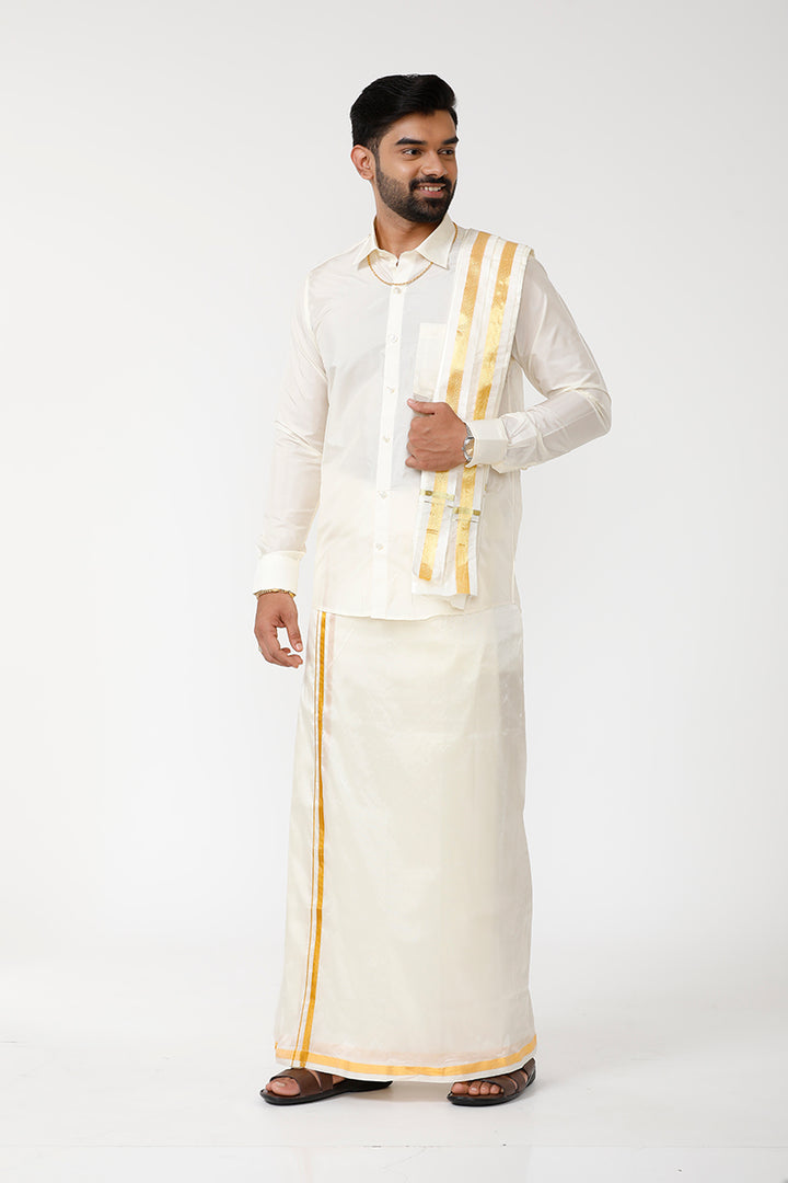 Vriksham - Cream Shirt and Jari Double Layered Dhoti With Towel 3in1 Wedding Set For Mens | Uathayam
