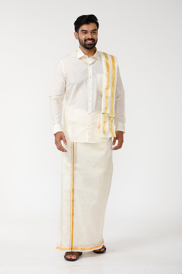 Vriksham - Cream Shirt and Jari Double Layered Dhoti With Towel 3in1 Wedding Set For Mens | Uathayam
