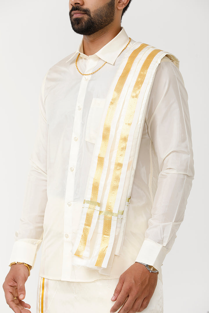 Vriksham - Cream Shirt and Jari Double Layered Dhoti With Towel 3in1 Wedding Set For Mens | Uathayam