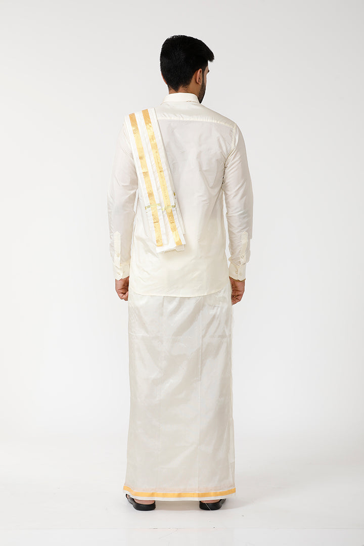 Vriksham - Cream Shirt and Jari Double Layered Dhoti With Towel 3in1 Wedding Set For Mens | Uathayam