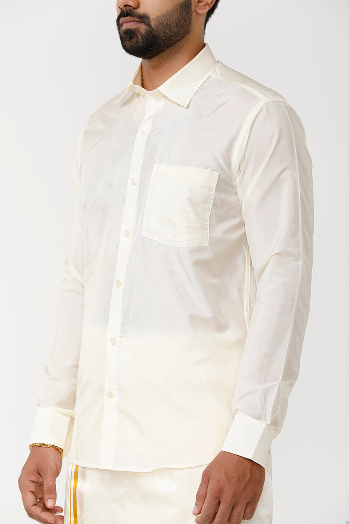 Vriksham - Cream Shirt and Jari Double Layered Dhoti With Towel 3in1 Wedding Set For Mens | Uathayam