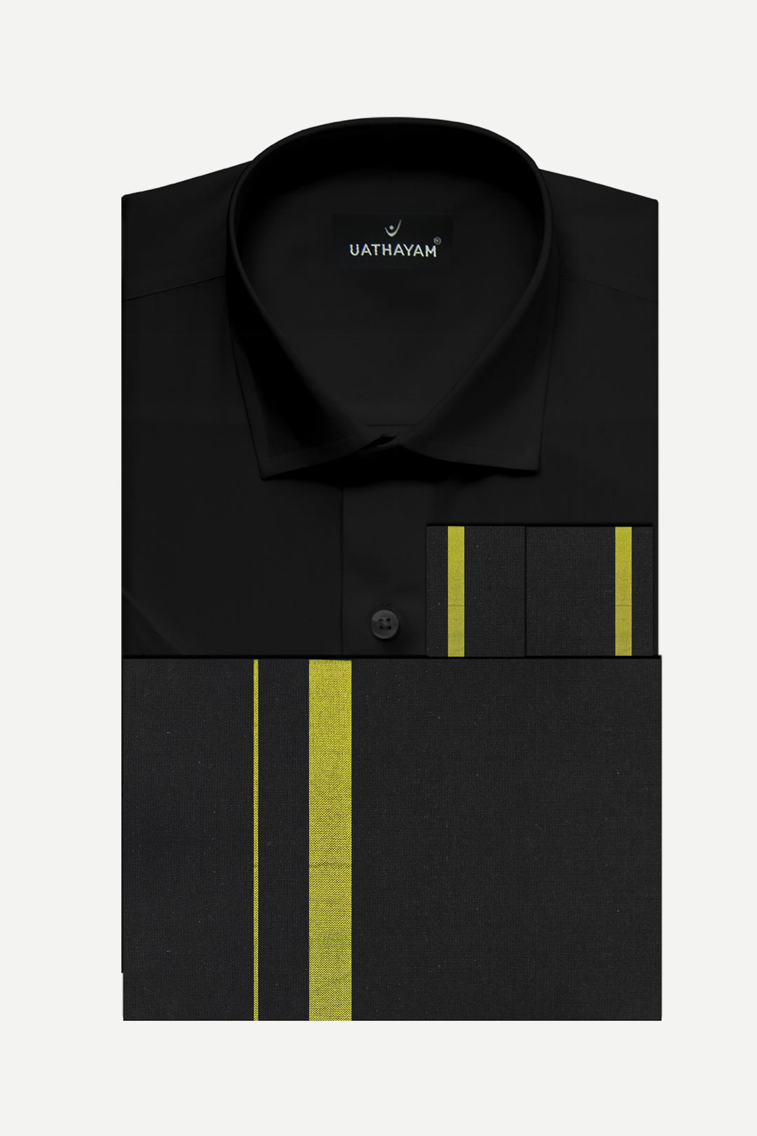 Saranam Set - Black Shirt and Black Dhoti with Yellow Border 3-in-1 Devotional Set for Men | Uathayam