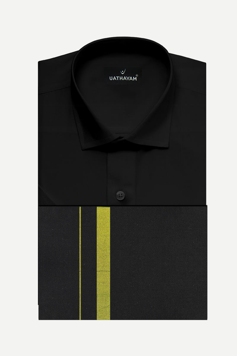 Saranam Set - Black Shirt and Black Dhoti with Yellow Border 2-in-1 Devotional Set for Men | Uathayam