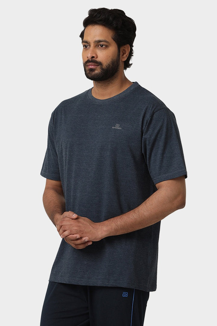 ARISER Navy Melange Color Round Neck Solid T-shirts For Men - TS25003