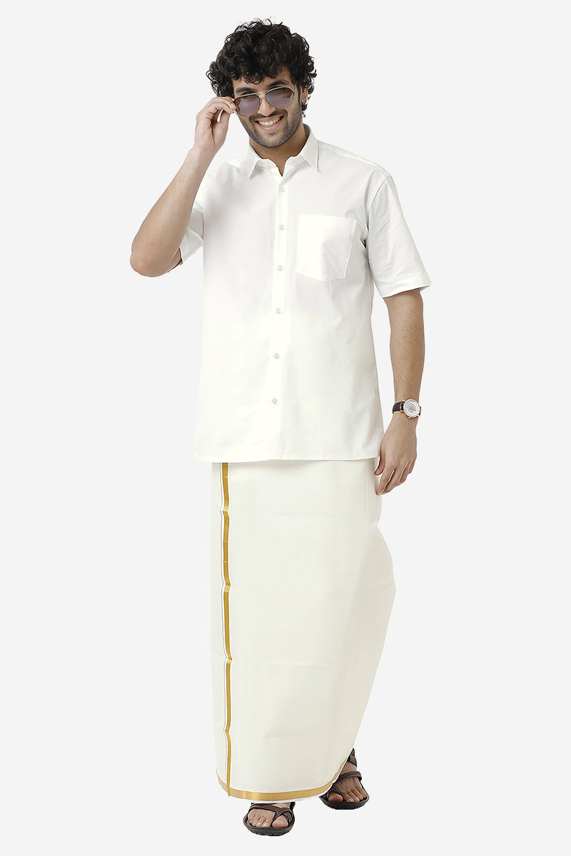 Premium - Cream Shirt And Leo Gold Jari Double Layered Dhoti Set For Men | Uathayam