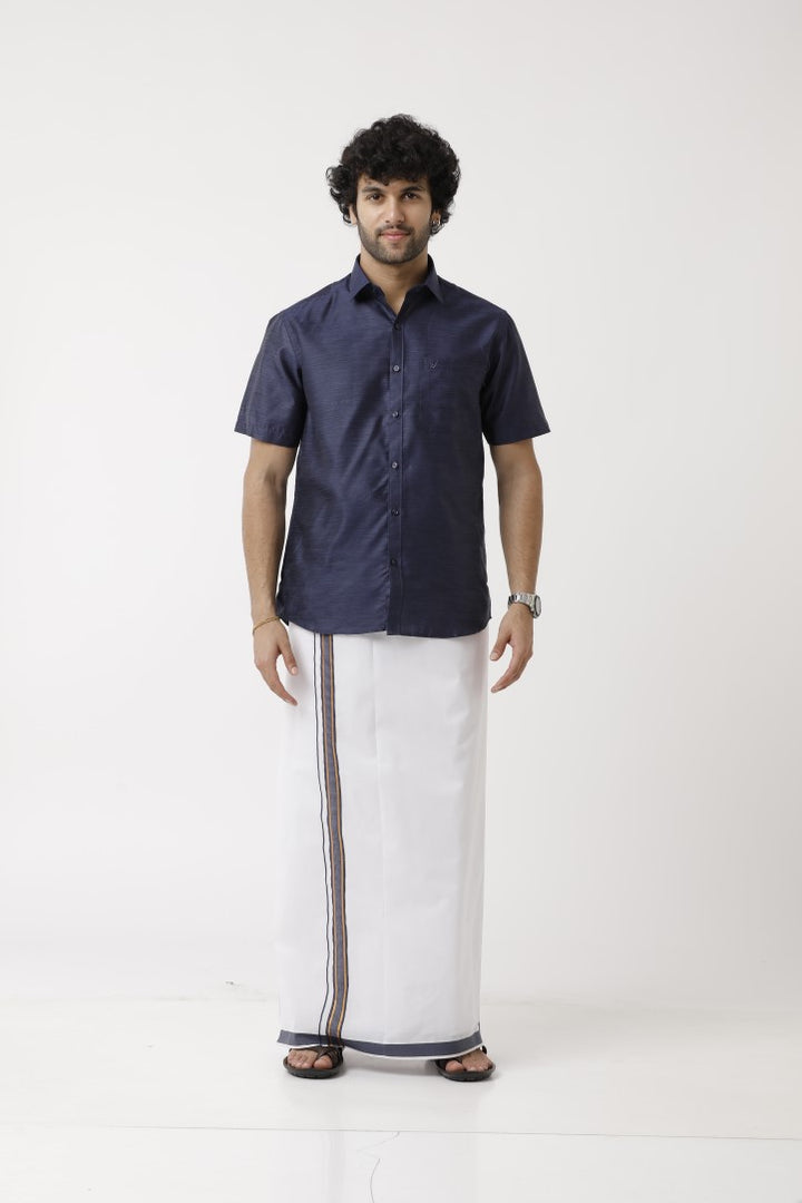 Varna - Navy Blue Matching Shirt and Single Dhoti Set For Men | Uathayam