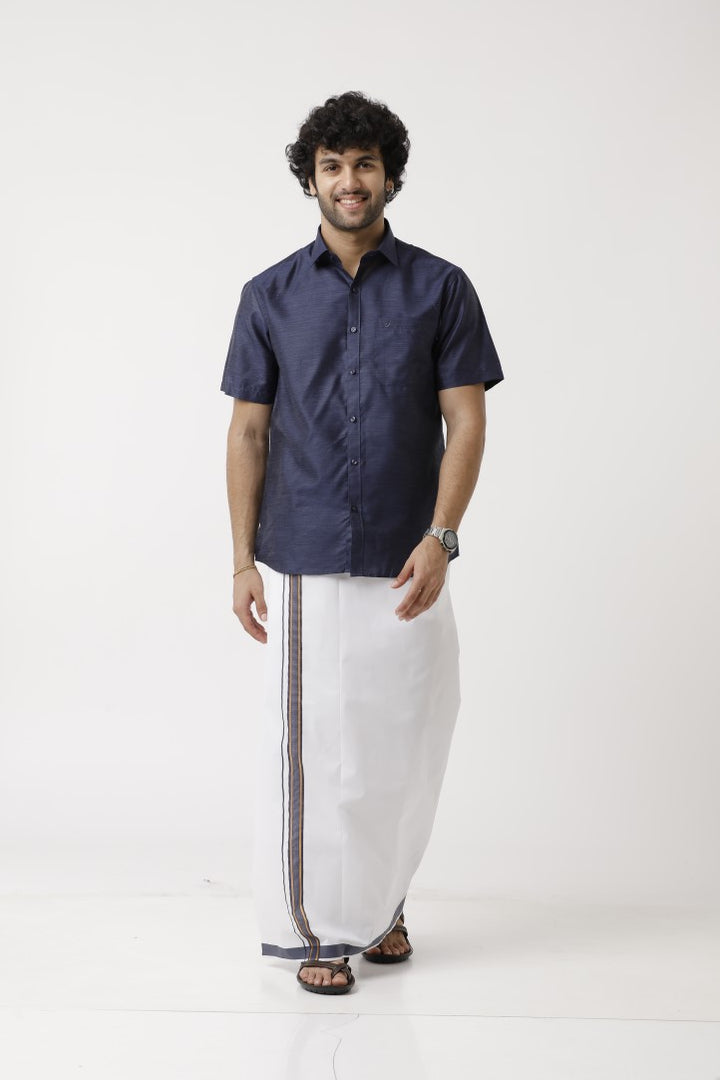 Varna - Navy Blue Matching Shirt and Single Dhoti Set For Men | Uathayam