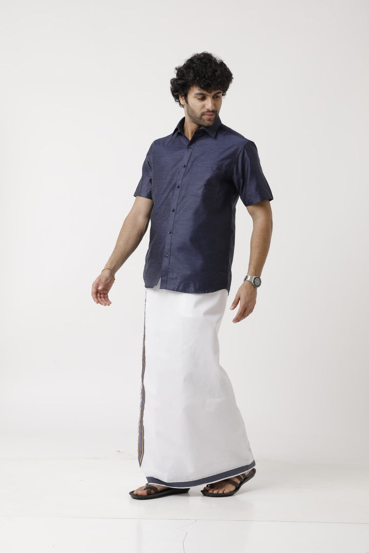 Varna - Navy Blue Matching Shirt and Single Dhoti Set For Men | Uathayam