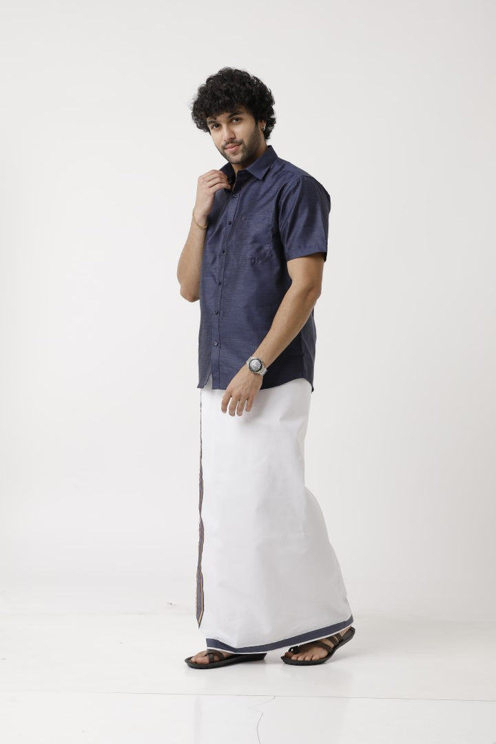 Varna - Navy Blue Matching Shirt and Single Dhoti Set For Men | Uathayam