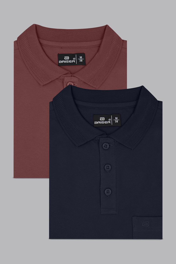Two folded polo shirts, one brown and one black, on a gray background.