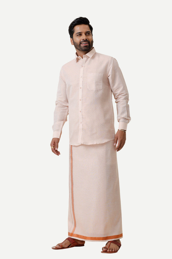 Vaibhav Grand - Copper Geometric Design Shirt & Dhoti Tissue Set 2 In 1 For Men | Uathayam