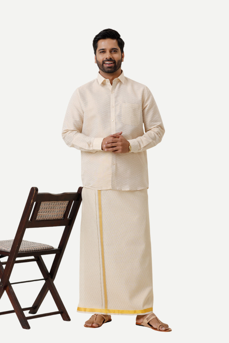 Vaibhav Grand - Gold Geometric Design Shirt & Dhoti Tissue Set 2 In 1 For Men | Uathayam