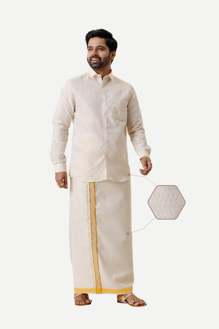 Vaibhav Grand - Gold Jacquard Design Shirt & Dhoti Tissue Set 2 In 1 For Men | Uathayam