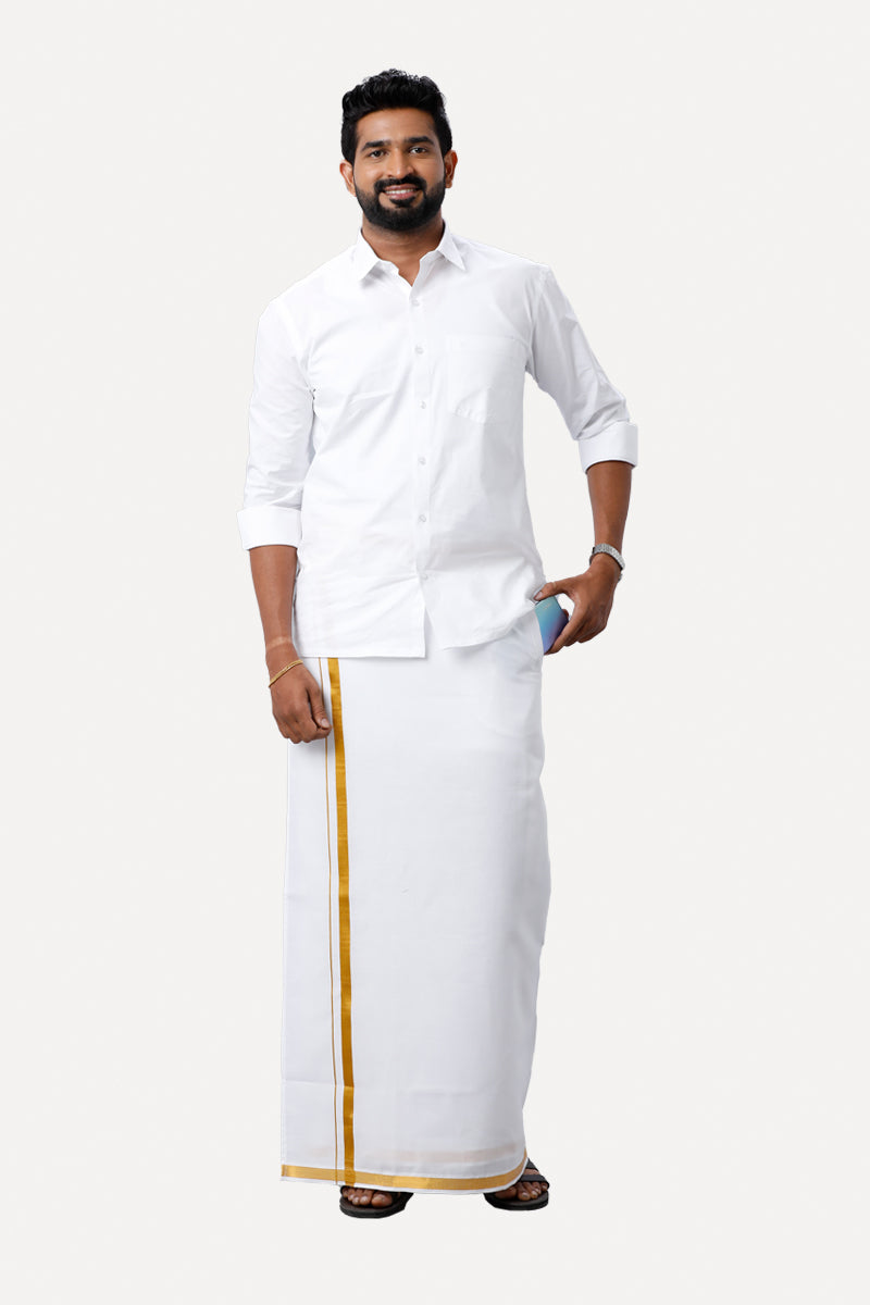 UATHAYAM Premium White Shirt + Fixit White Gold Jari Dhotis Matching Set Collection